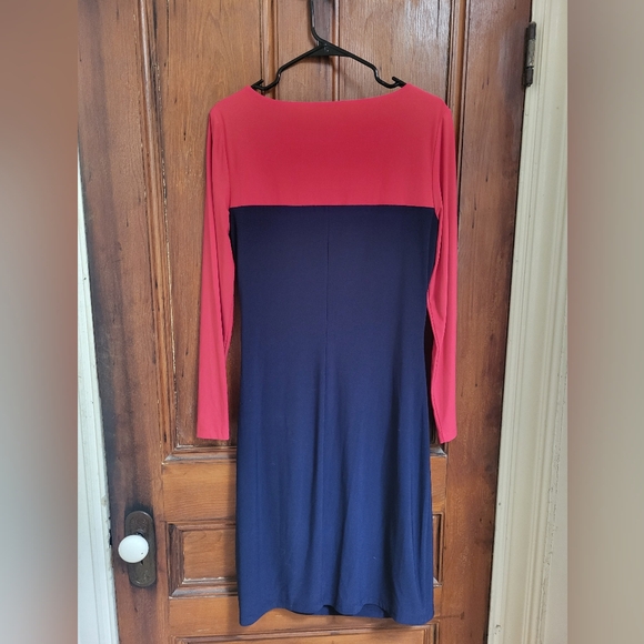 Ralph Lauren Size 14 Dress Deep Pink Navy Blue Ruched Side Stretch - Picture 6 of 6